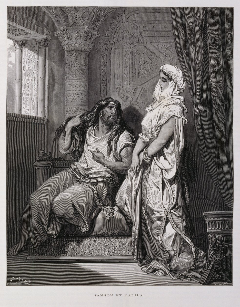 Samson og Delilah, kapitel 16 i Dommerbogen i Det Gamle Testamente, illustration fra Dore-bibelen af Gustave Dore