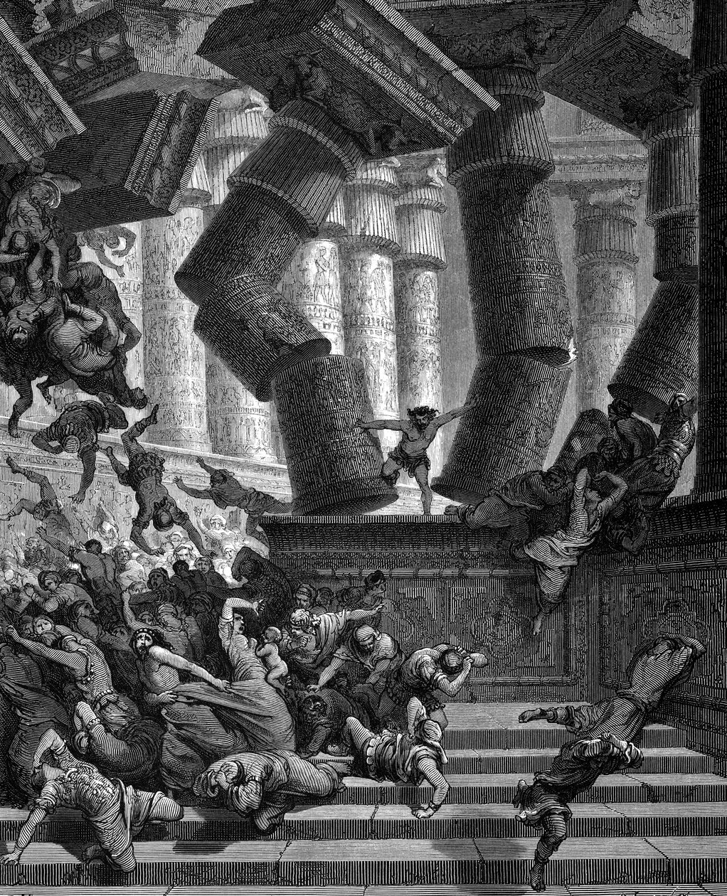 Samson nedbringer Dagons tempel, 1866 af Gustave Dore