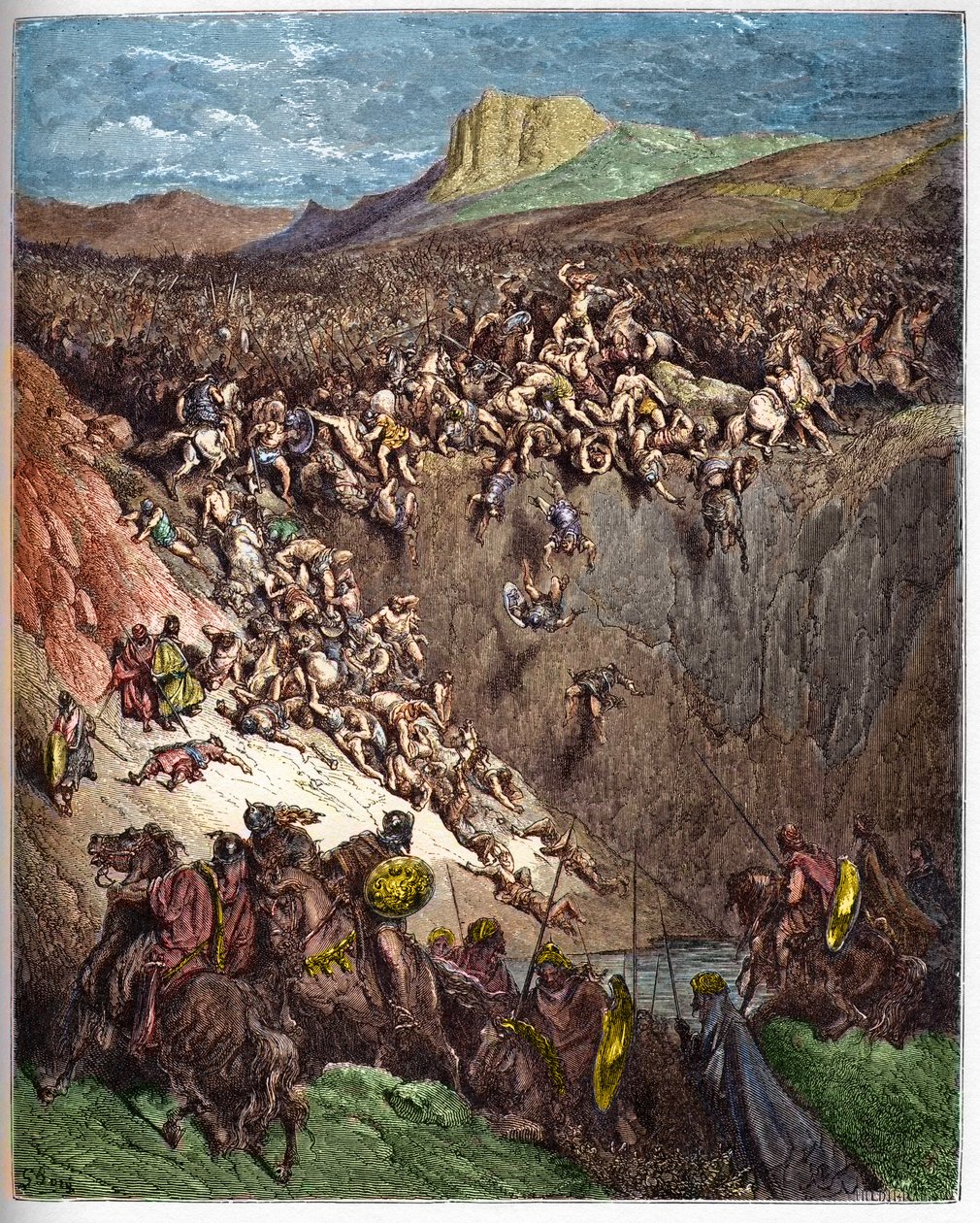 Samson ødelægger filistrene med kæbebenet af en numse - Samson dræber filistrene med en æselkæbe - - indgravering i "" The Bible illustree"" af Gustave Dore (1832-1883) - Indgravering fra "" The Dore Bible"" af Gustave Dore