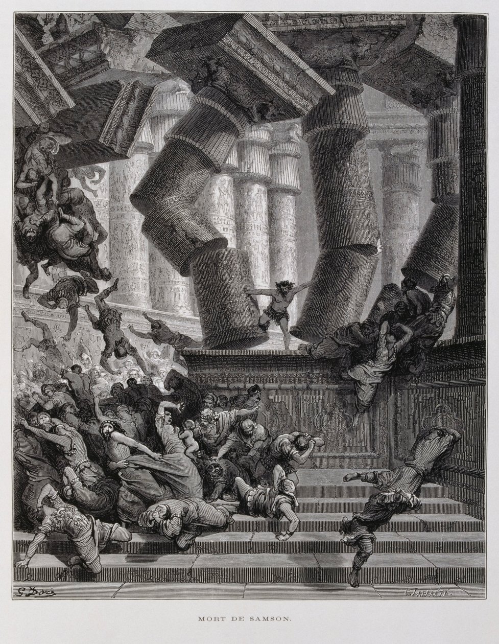 Samson ødelægger Baals tempel, Illustration fra Dore-bibelen af Gustave Dore