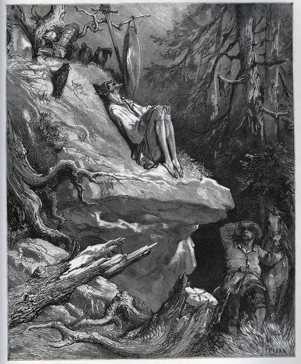 Sancho Panza finder sin herre, altid i anger - fra "" Don Quixote de la Mancha"" af Miguel Cervantes (1547-1616) (Don Quixote) - Træsnit efter tegning af Gustave Dore af Gustave Dore