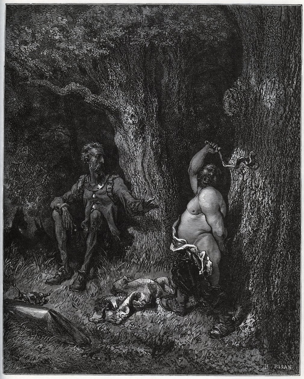 Sancho Panza flyver foran Don Quixote for at opfylde Merlins ønske og dermed affortrylle Dulcinee fra Toboso. Don Quixote opfordrer ham til at moderere sin iver - fra "Don Quixote de la Mancha" af Miguel Cervantes (1547-1616) (Don Quixote) - Træsnit af Gustave Dore