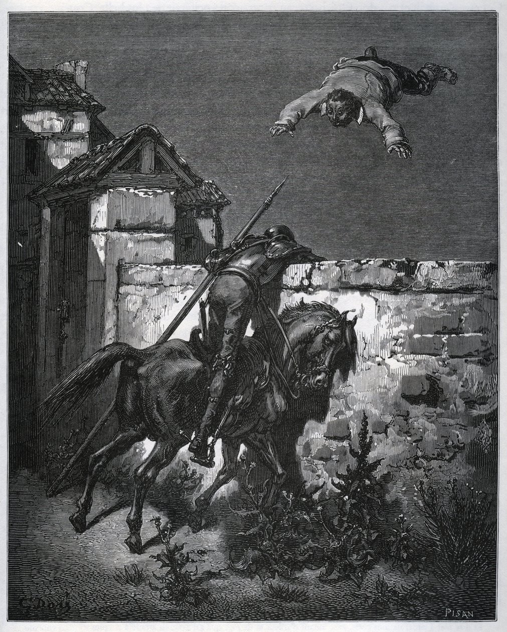 Sancho Panza bliver narret, og Don Quixote kan ikke gribe ind - fra "" Don Quixote de la Mancha"" af Miguel Cervantes (1547-1616) (Don Quixote) - Træsnit efter tegning af Gustave Dore af Gustave Dore