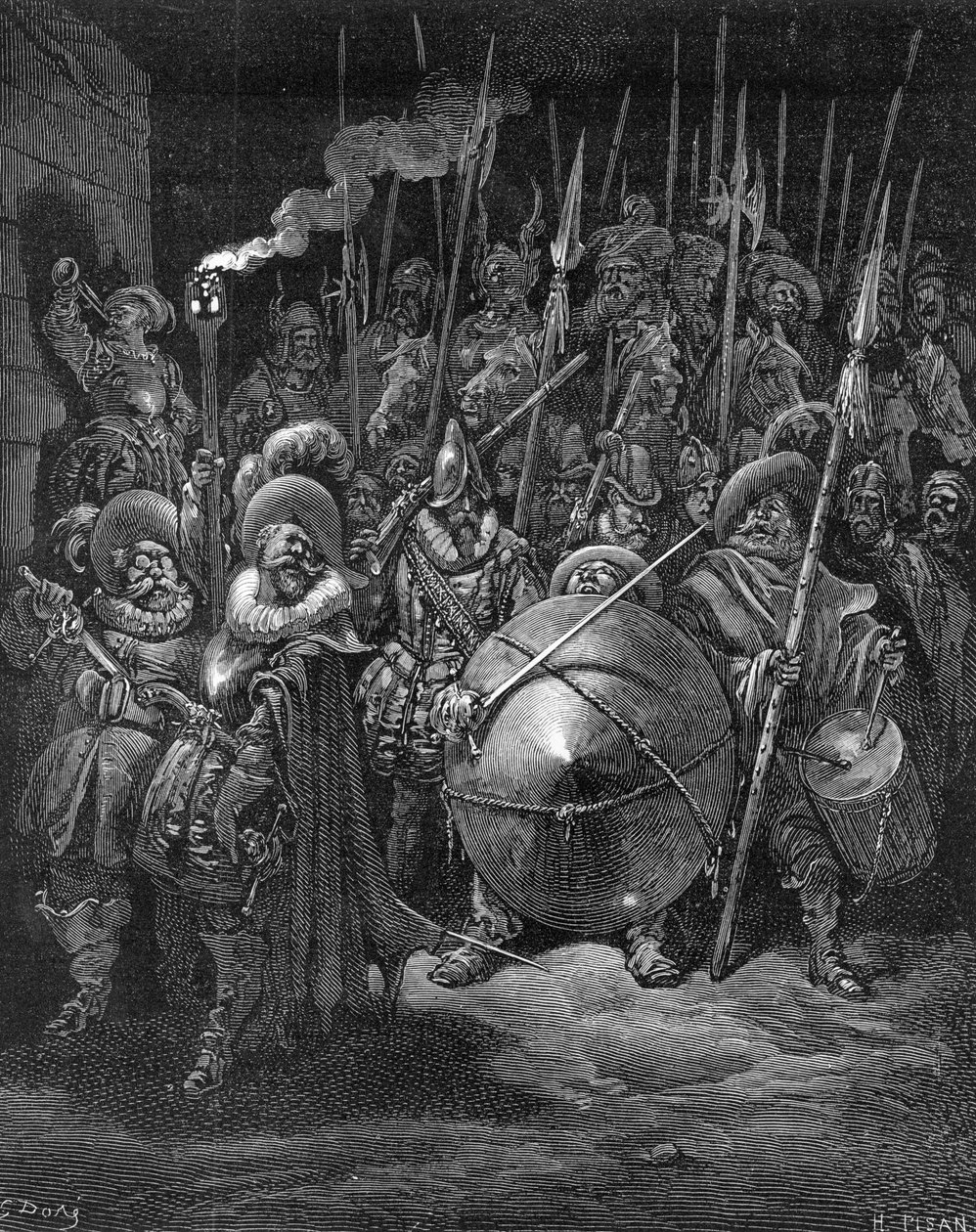 Sancho og ridderne, fra "Don Quixote de la Mancha" af Miguel Cervantes, graveret af Heliodore Joseph Pisan, ca.1875 af Gustave Dore