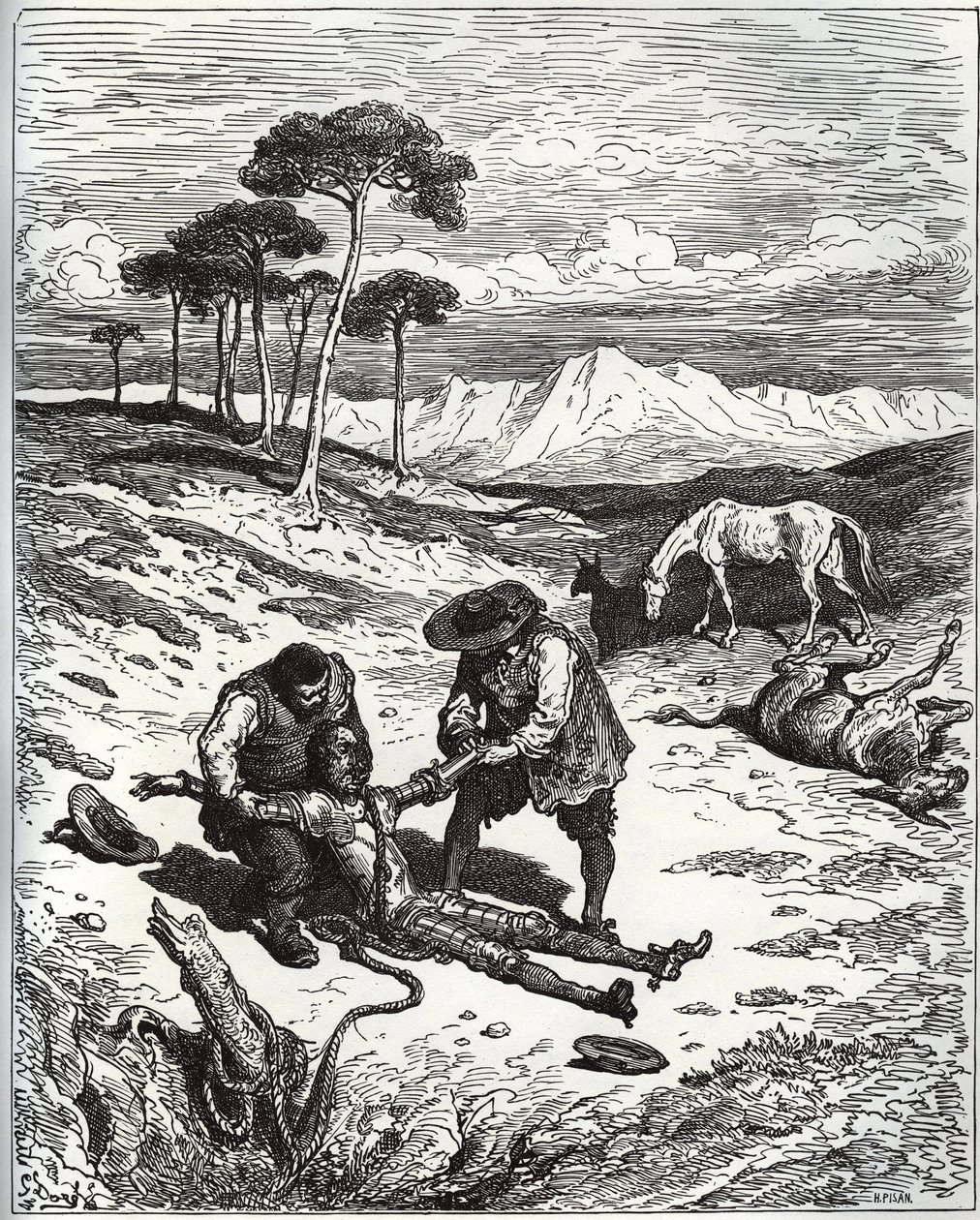 Sancho og kusinen trækker Don Quijote (sovende) ud af Montesinos