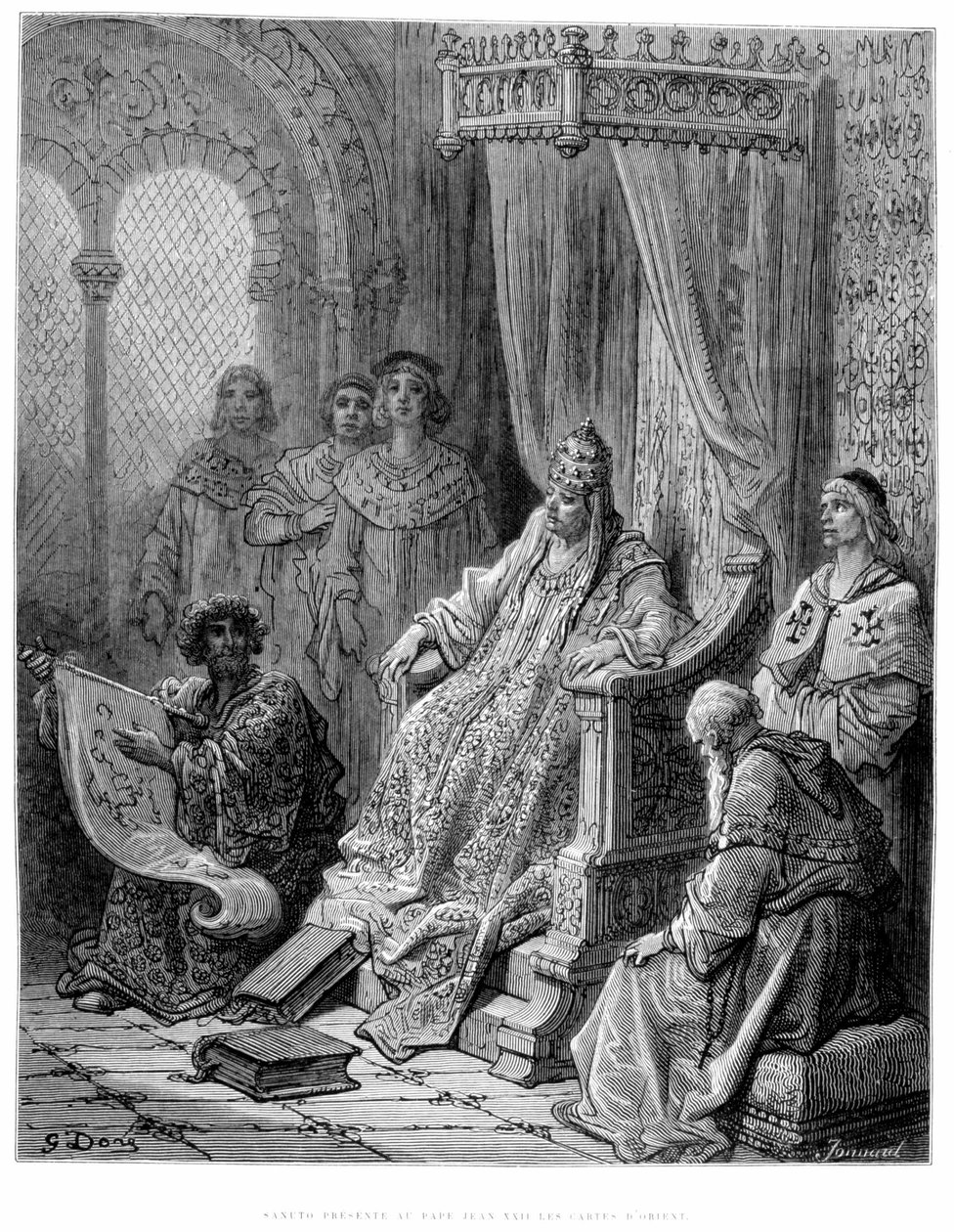 Sanuto præsenterer for pave Johannes XXII kortene over Orienten - gravering af Gustave Doré af Gustave Dore