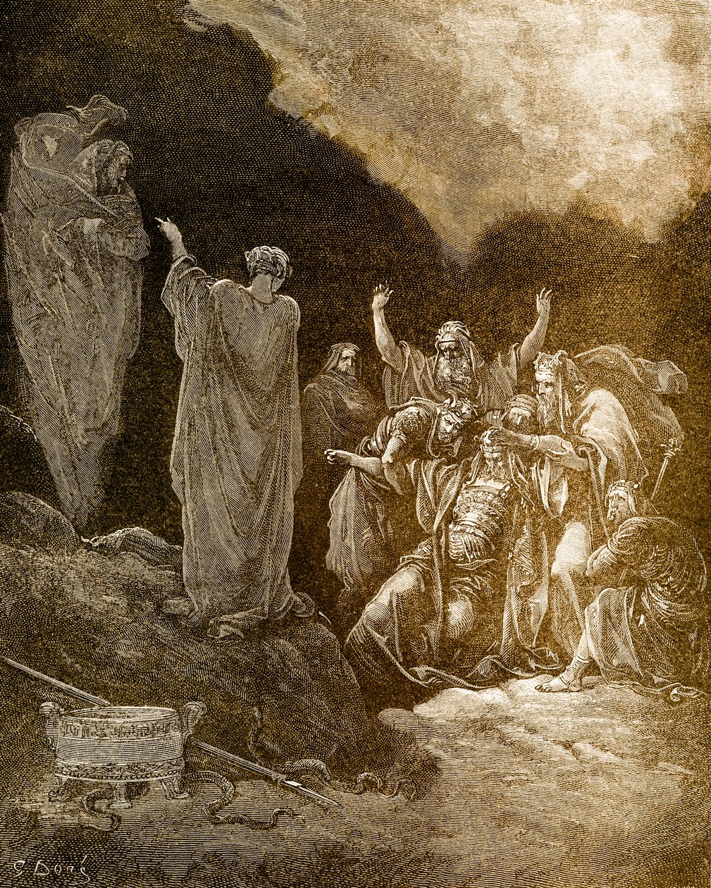 Saul og mediet/heksen fra Endor, af Doré. - Bibel af Gustave Dore