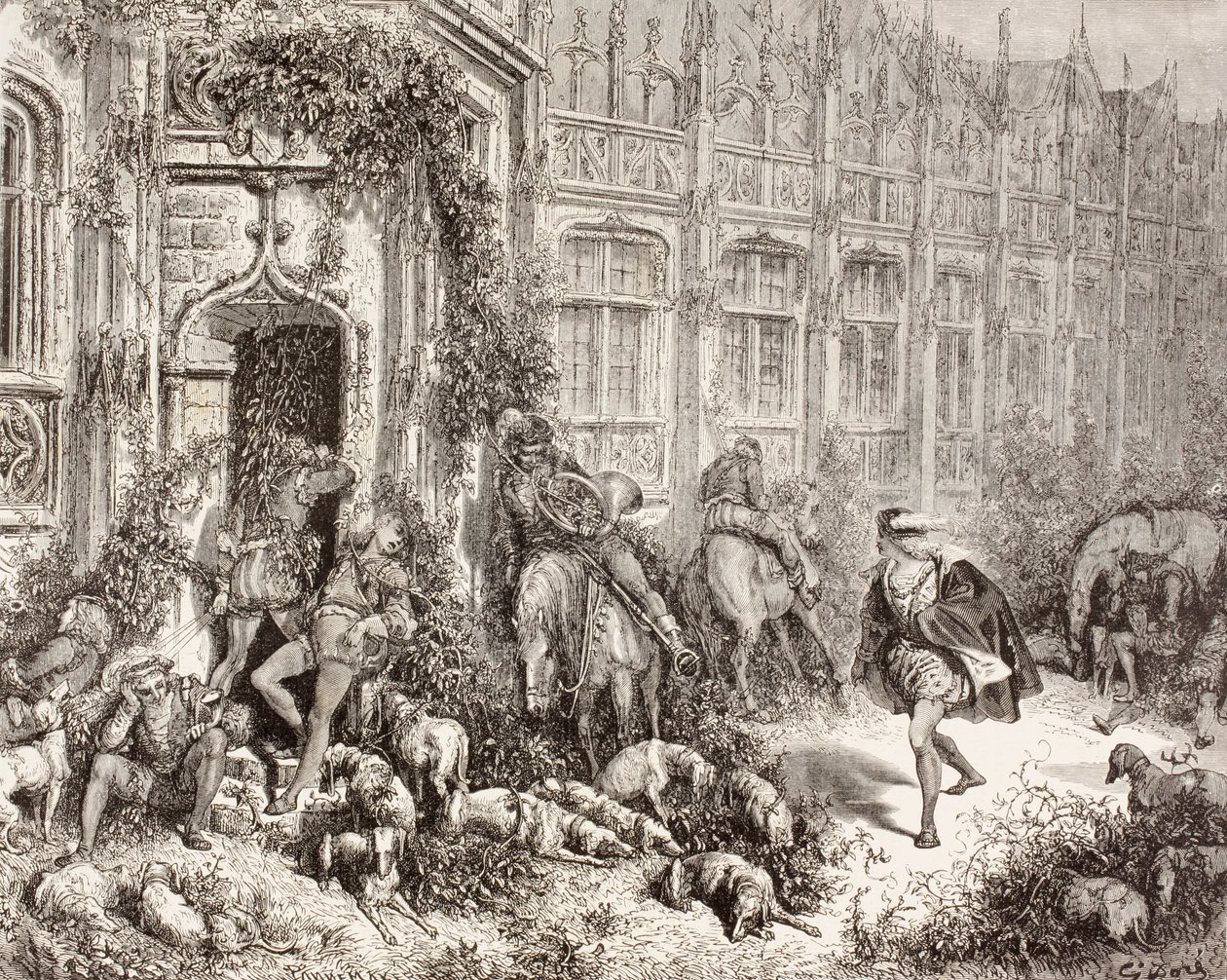 Kohtaus Charles Perraultin Prinsessa olevasta kaunotaresta. El Mundo Ilustradosta, julkaistu Barcelonassa, noin 1880. af Gustave Dore