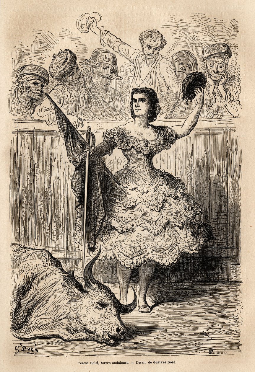 Scene med tyrefægtning: Teresa Bolsi triumf, Andalusisk Torrera, hilser forsamlingen, der anerkender ham i Sevilla. Skitse taget på Live af Gustave Dore (1832-1883). Gravering for at illustrere rejsen i Spanien, i 1862 af Charles Davillier og G af Gustave Dore