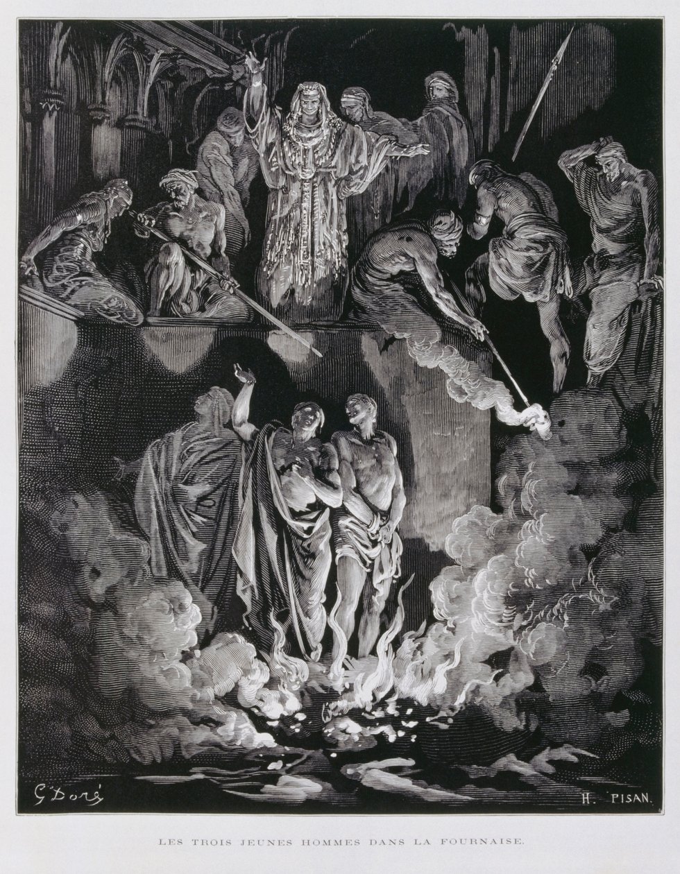 Shadrach, Meshach og Abednego i den brændende ovn, illustration fra Dore-bibelen af Gustave Dore