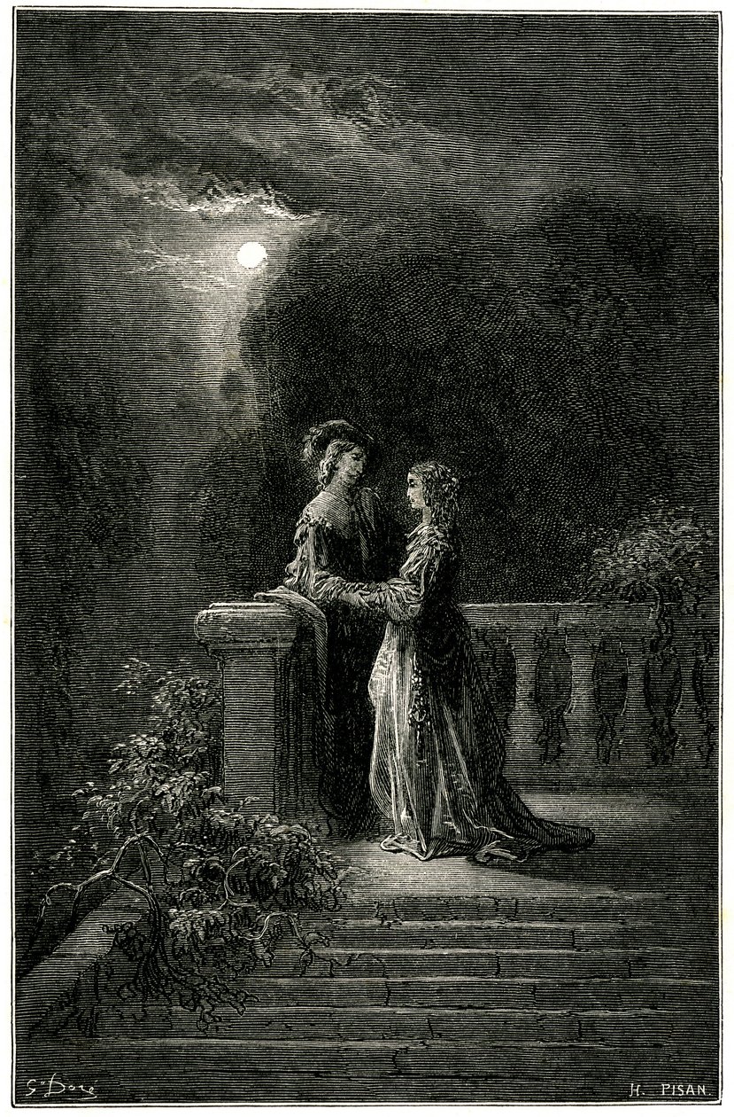 Sigognac og Isabelle: elskende, der endelig forenes i måneskinnet. I sidste ende sejrer kærligheden! Kobberstik af Gustave Dore, der illustrerer Theophile Gautiers pikareskroman "Le capitaine Fracasse", edition Charpentier 1863. af Gustave Dore