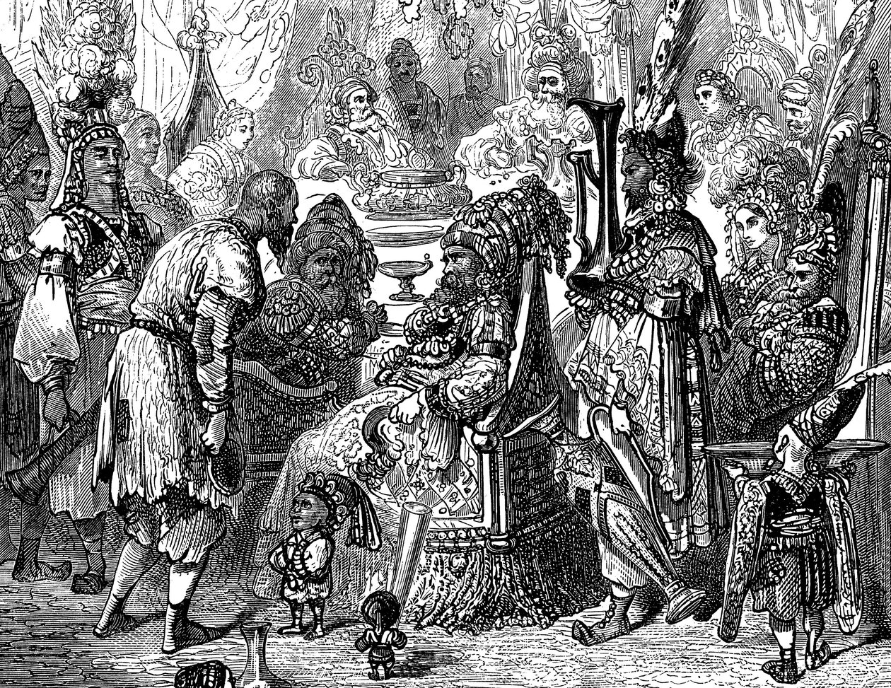 Sømanden Sindbad - fortællingen om de tusind og en (1001) nat - illustration af Gustave Dore (detalje) - Maxwell edition 1865 - Prolog: en fattig bærer (Hinbad) præsenterer sig for Sindbad, som er blevet gammel og rig. Sidstnævnte vil fortælle ham af Gustave Dore