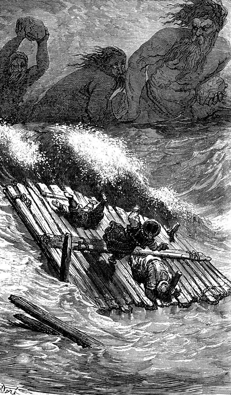 Sømanden Sindbad (Sinbad) - fortællingen om de tusind og en (1001) nat - illustration af Gustave Dore - Maxwell-udgave 1865 - Tredje rejse: Sindbad og hans ledsagere, som er stukket til søs på en flåde, forfølges af kæmper, som kaster store sten efter dem. af Gustave Dore