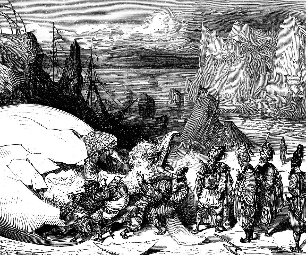 Sømanden Sindbad (Sinbad) - fortællingen om de tusind og en (1001) nat - illustration af Gustave Dore (detalje) - Maxwell-udgave 1865 - Femte rejse: købmændene, der ledsager Sindbad, knuser skallen på et gigantisk æg af fuglekæmpen Roc for at udvinde en af Gustave Dore