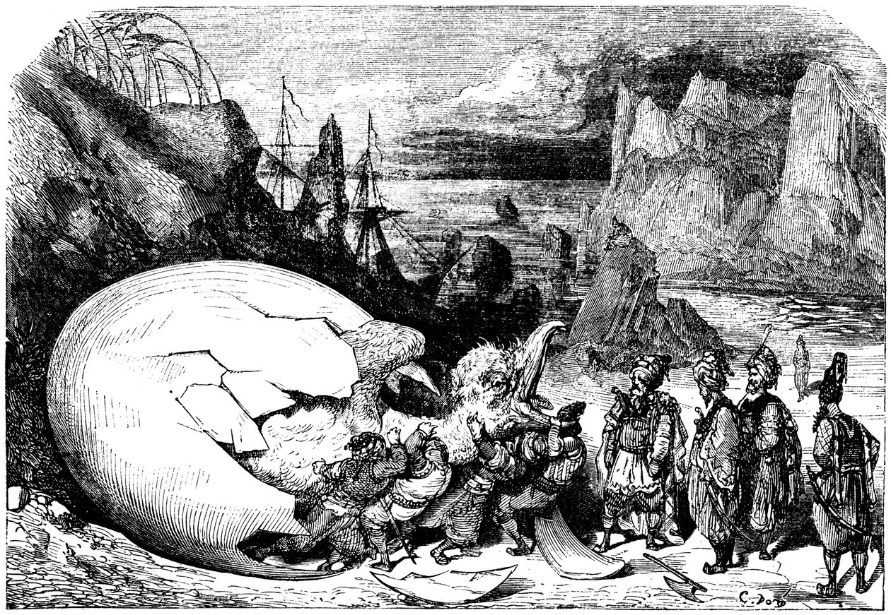Sømanden Sindbad (Sinbad) - fortællingen om de tusind og en (1001) nat - illustration af Gustave Dore - Maxwell-udgave 1865 - Femte rejse: købmændene, der ledsager Sindbad, bryder skallen på et gigantisk æg af fuglekæmpen Roc for at udtrække en enorm baby af Gustave Dore