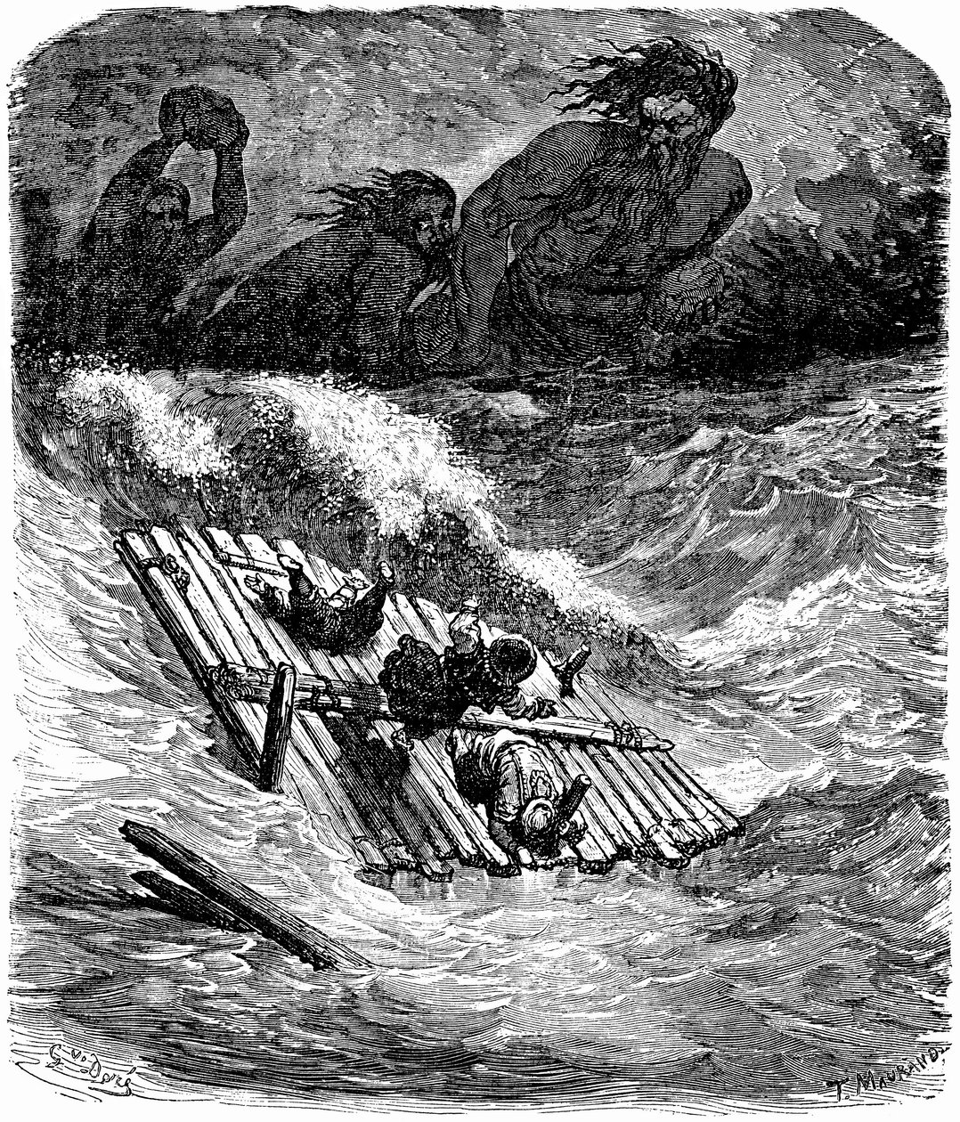 Sømanden Sindbad (Sinbad) - fortællingen om de tusind og en (1001) nat - illustration af Gustave Dore - udgave Maxwell 1865 - Tredje rejse: Sindbad og hans følgesvende, som er stukket til søs på en flåde, forfølges af kæmper, som kaster store sten efter de af Gustave Dore