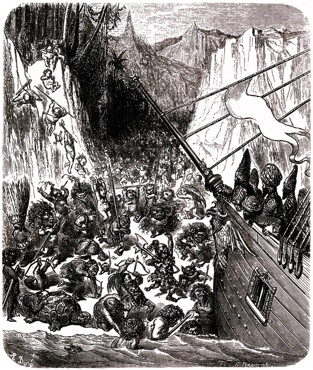 Sømanden Sindbad (Sinbad) - fortællingen om de tusind og en (1001) nat - illustration af Gustave Dore - Tredje rejse: et uvejr kaster Sindbads og hans ledsageres skib på en ø, hvor de bliver overfaldet af et væld af små og hæslige væsener. af Gustave Dore