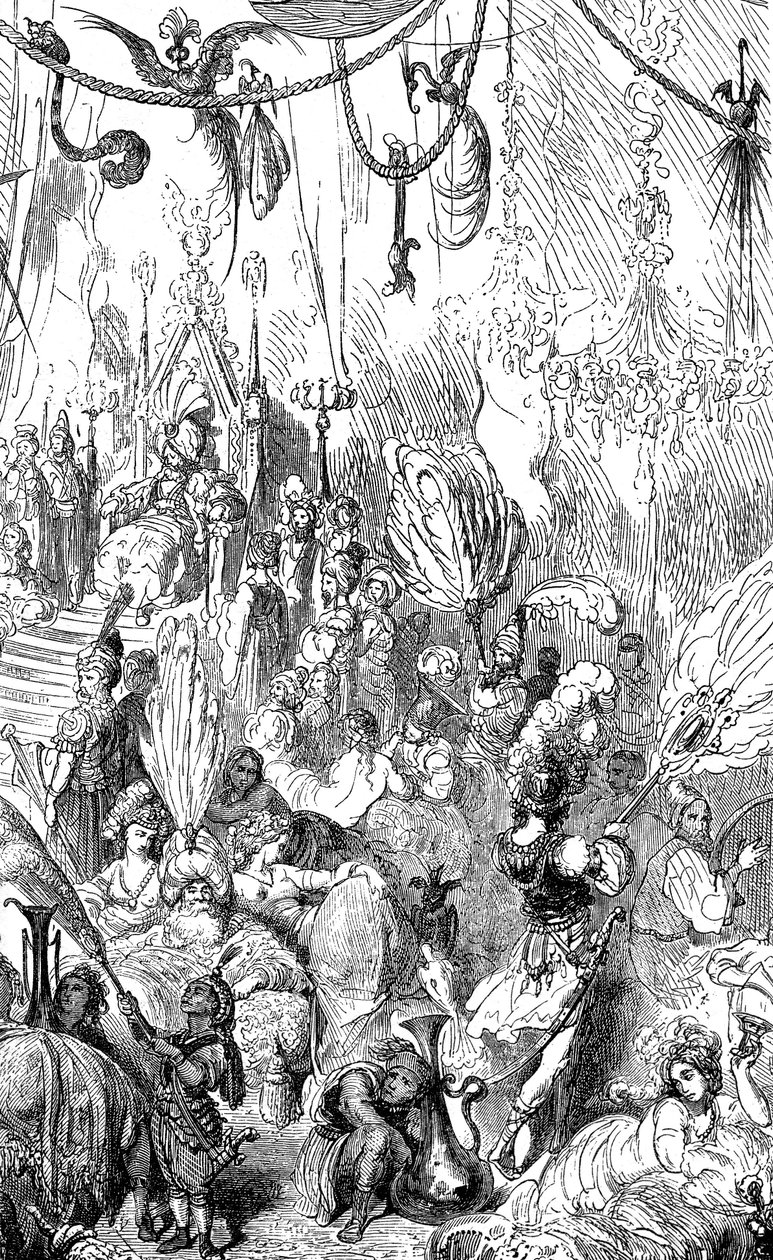 Sømanden Sindbad (Sinbad) - fortællingen om de tusind og en (1001) nat - illustration af Gustave Dore - Maxwell-udgave 1865 - Sjette rejse - denne gravering kan repræsentere kongen af Serendibs hof eller kaliffen Haroun al-Rashids hof (Harun al... af Gustave Dore