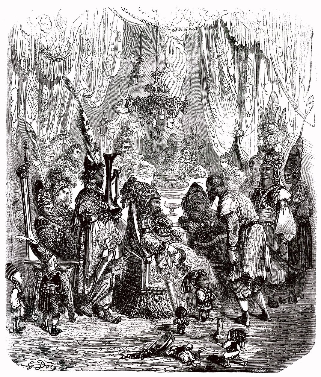 Sømanden Sindbad - fortællingen om de tusind og en (1001) nat - illustration af Gustave Dore - Maxwell edition 1865 - Prolog: en fattig bærer (Hinbad) præsenterer sig for Sindbad, som er blevet gammel og rig. Sidstnævnte vil fortælle sit eventyr af Gustave Dore