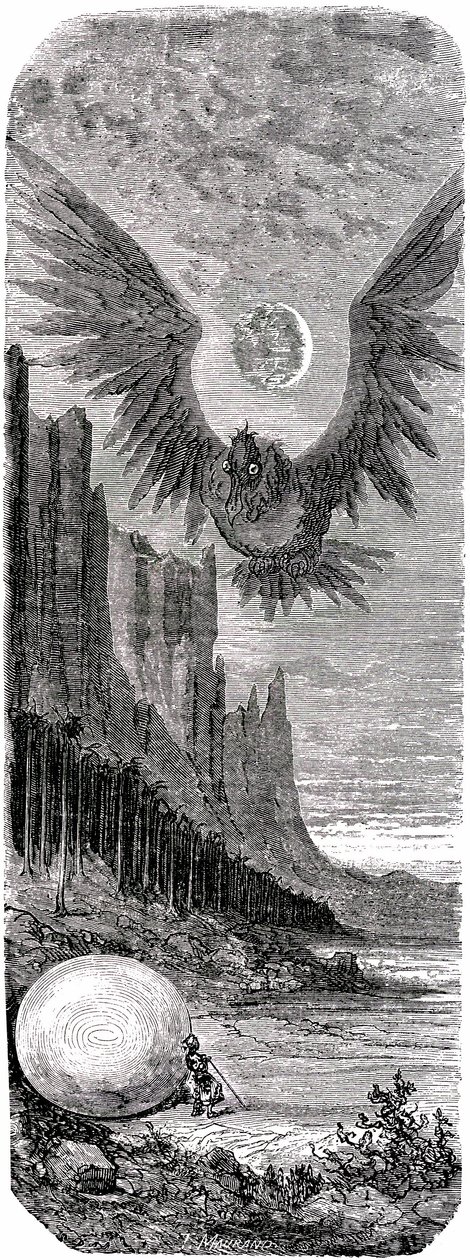Sømanden Sindbad (Sinbad) - fortællingen om de tusind og en (1001) nat - illustration af Gustave Dore - udgave Maxwell 1865 - Anden rejse: Sindbad har på en ø opdaget et stort æg af den gigantiske fugl Roc og bliver angrebet af denne gigantiske fugl. af Gustave Dore