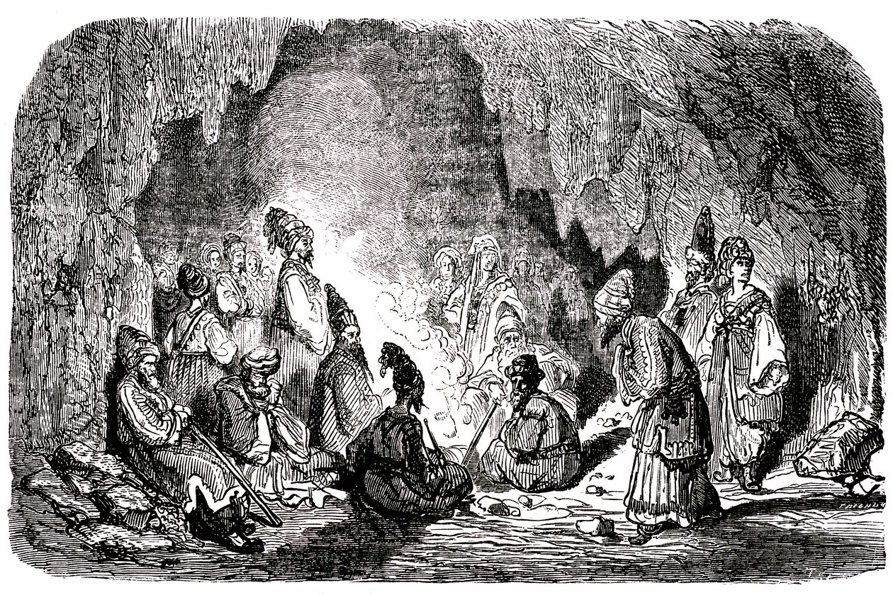 Sømanden Sindbad (Sinbad) - fortællingen om de tusind og en (1001) nat - illustration af Gustave Dore - Maxwell-udgave 1865 - Første rejse: Sindbad, der er blevet forladt midt på havet af sine kammerater, når en ø og møder i en hule den blegfede af Gustave Dore