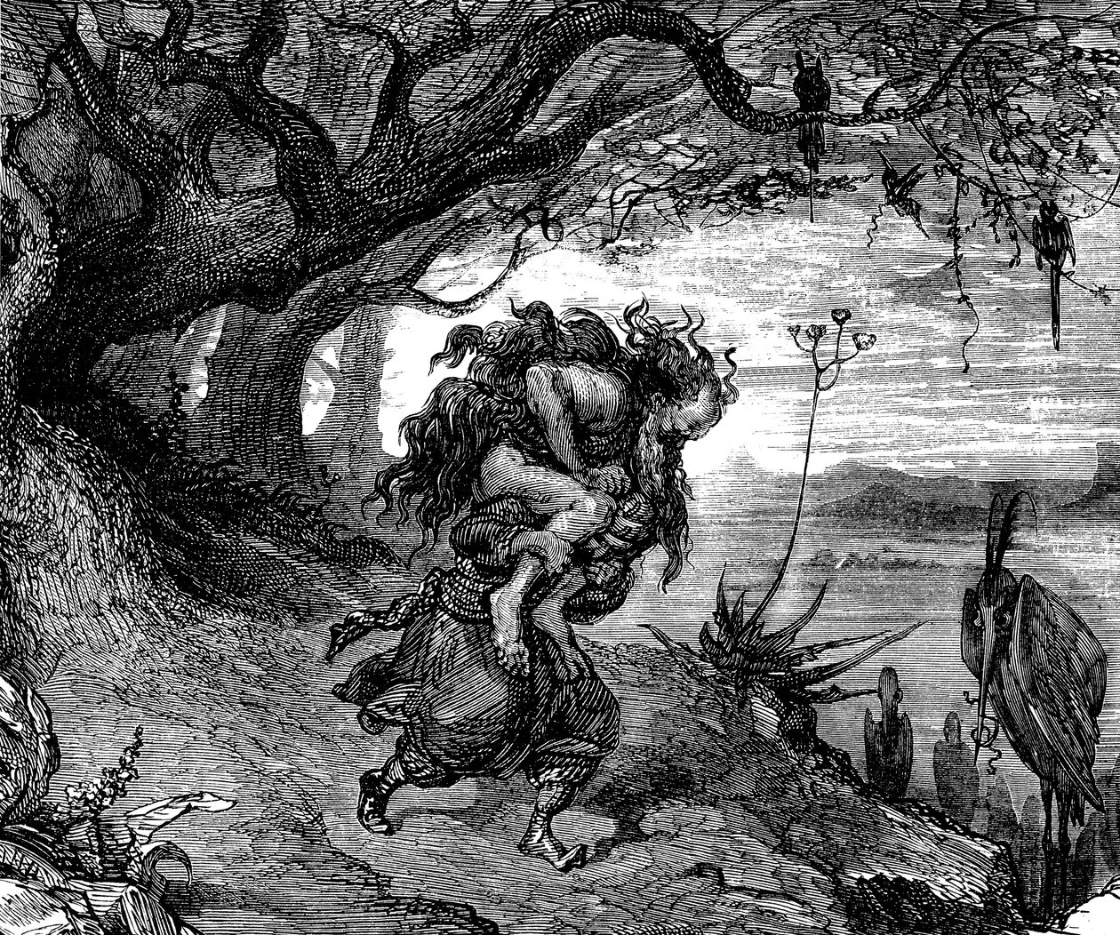 Sømanden Sindbad (Sinbad) - fortællingen om de tusind og en nat (1001) - illustration af Gustave Dore (detalje) - udgave Maxwell 1865 - Femte rejse: Sindbad er tvunget til at bære en gammel mand på sin skulder, som klæber til ham, og som han ikke længere k af Gustave Dore