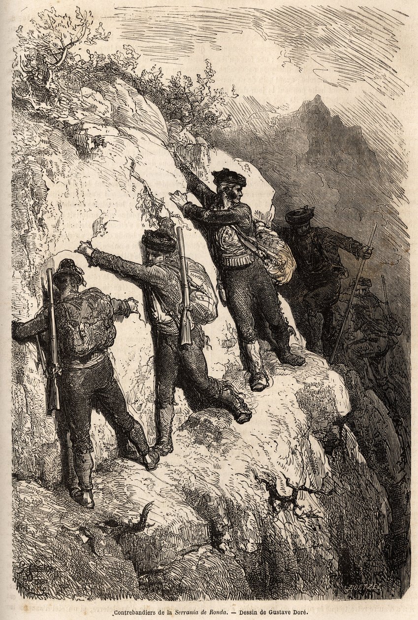 Smuglere fra Serrania de Ronda. Tegning af Gustave Dore (1832-1883), til illustration af hans rejse til Spanien i 1862, med Ch. Davillier. Indgravering i "" Le tour du monde"", redigeret af Edouard Charton af Gustave Dore