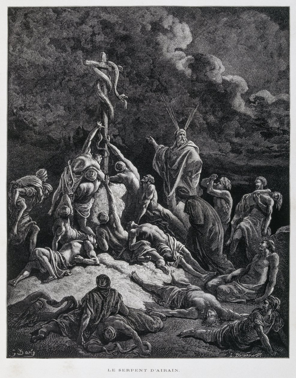Så Moses lavede en bronzeslange og satte den op på en pæl. 4 Mosebog 21,7, Illustration fra Dore-bibelen af Gustave Dore