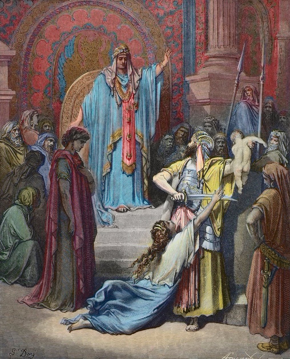 Salomons dom - Salomon træffer dommen om at splitte barnet mellem de to sagsøgere - Indgravering af Gustave Dore (1832 - 1883) - senere farvelægning af Gustave Dore