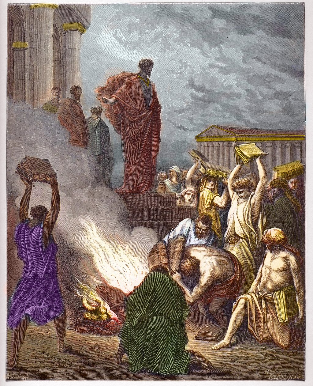 Sankt Paulus i Efesos - Sankt Paulus a Efesos - Forudsigelsen af Sankt Paulus a Efesos. Jøder, der var engageret i eksorcisme, brænder bøgerne - - indgravering i "The Bible illustree" af Gustave Dore (1832-1883) - Indgravering fra "" The Dore Bible"" af Gustave Dore