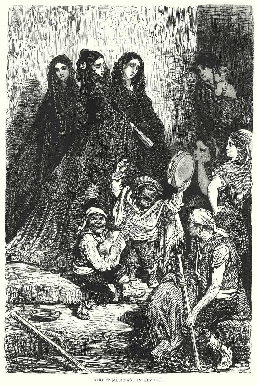 Gademusikanter i Sevilla (kobberstik) af Gustave Dore