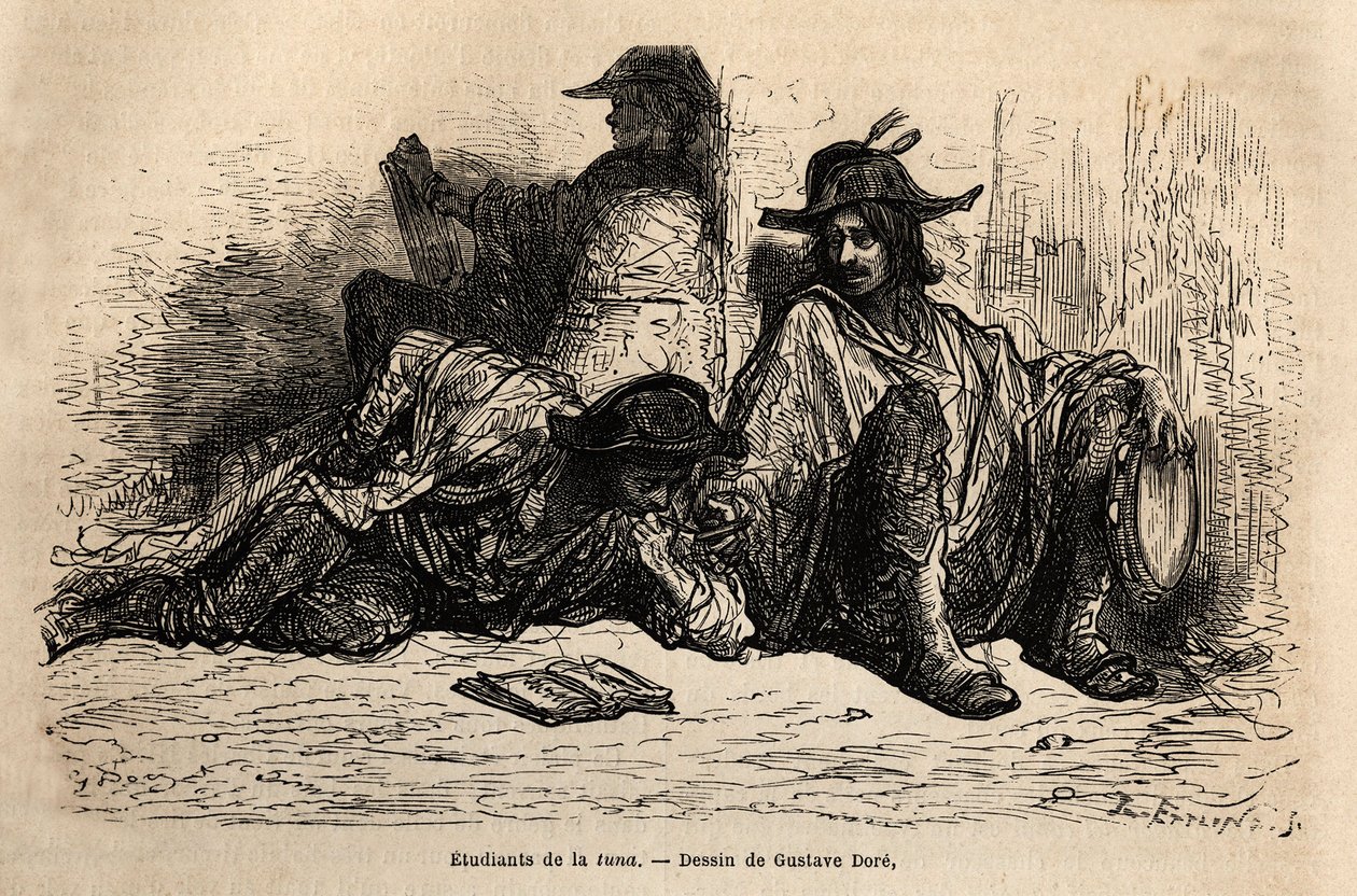 Studerende af tun (eller tunantes) i distriktet ved universitetet i Alcala de Henares, det særlige ved disse studerende, der har vedtaget ledigt, frit og omvandrende liv er ikke at studere, skitsere på live af Gustave Dore. Indgravering til illustration af af Gustave Dore