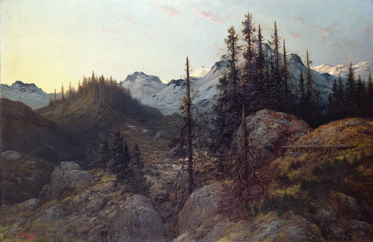 Solopgang i Alperne (olie på lærred) af Gustave Dore