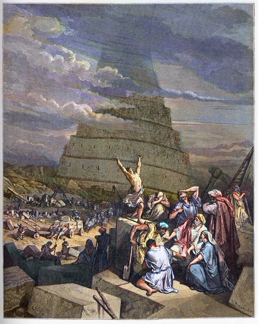 TOWER OF BABEL - Babelstårnet illustration af Genesis og sprogforvirring af Yahve. Til højre diskuterer Kong Nimrud (eller Nimrod, Nemrod) med arkitekterne - indgravering i "Bibelens illustree" af Gustave Dore (1832-1883) - Indgravering fra "" Th af Gustave Dore