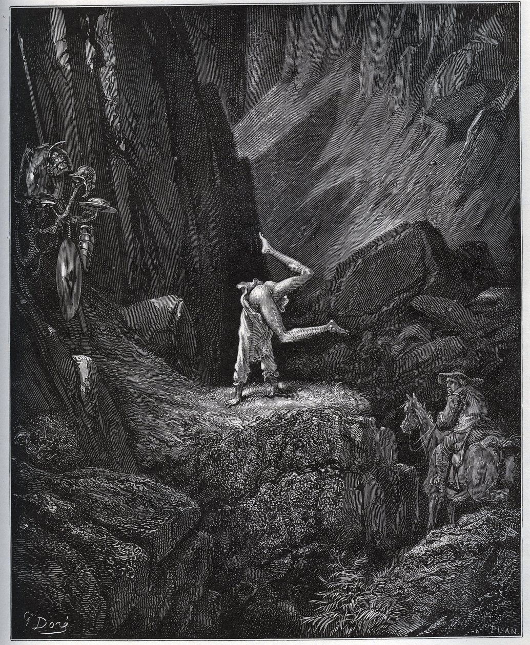 The Acrobatic Penitence of Don Quixote in Sierra Morena - fra "" Don Quixote de la Mancha"" af Miguel Cervantes (1547-1616) (Don Quixote) - Træsnit efter tegning af Gustave Dore af Gustave Dore
