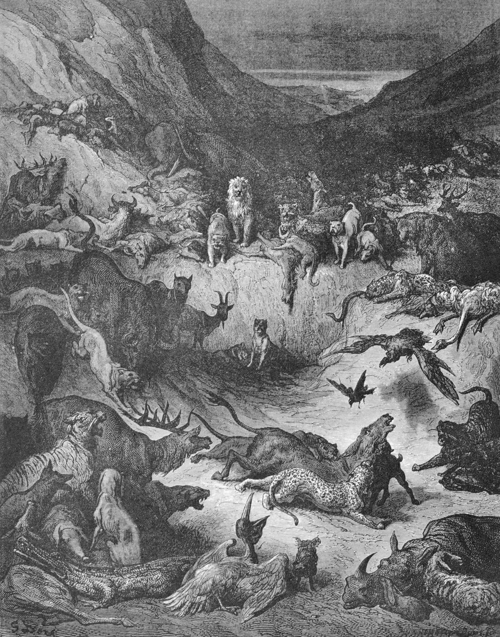 Dyrene er blevet syge af pesten, illustration til fabler i La Fontaine af Gustave Dore