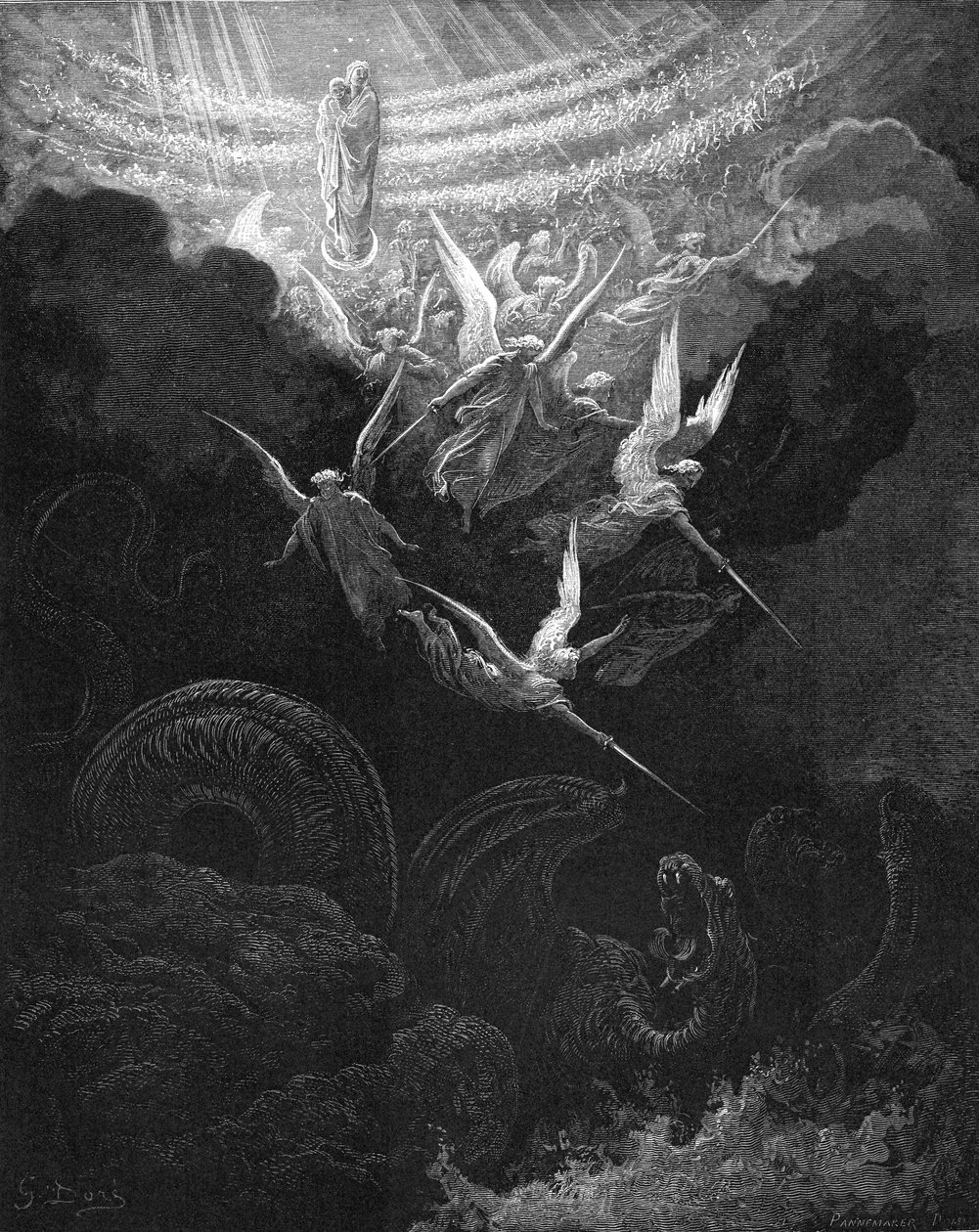 Ærkeenglen Michael og hans engle kæmper mod dragen, 1865-1866 af Gustave Dore