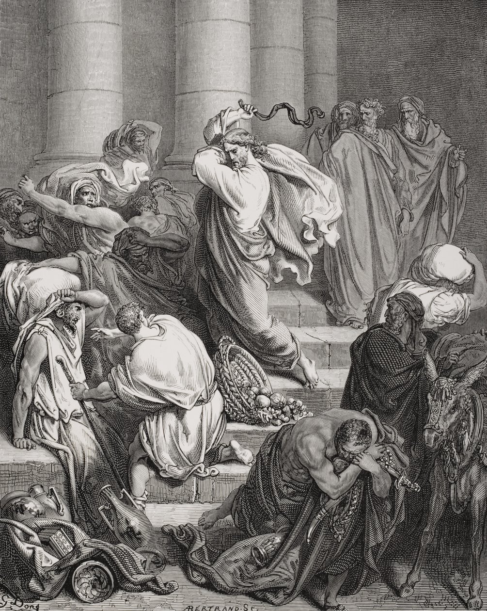 Køberne og sælgerne drevet ud af templet, Lukas 19:45-46, illustration fra Dores 