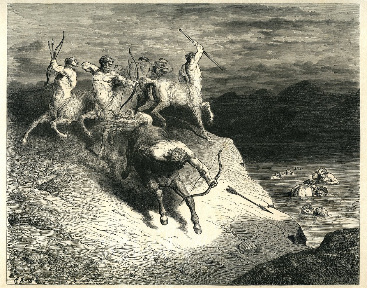 Kentaurerne kaster pile mod dæmninger, der kommer ud af Styx-sumpene. Stik fra Helvede af Dante Alighieri (Den guddommelige komedie) illustreret af Gustave Dore. Fransk udgave fra 1861. "Noi ci appressammo a quel proud snelle. (Vi nærmer os disse af Gustave Dore