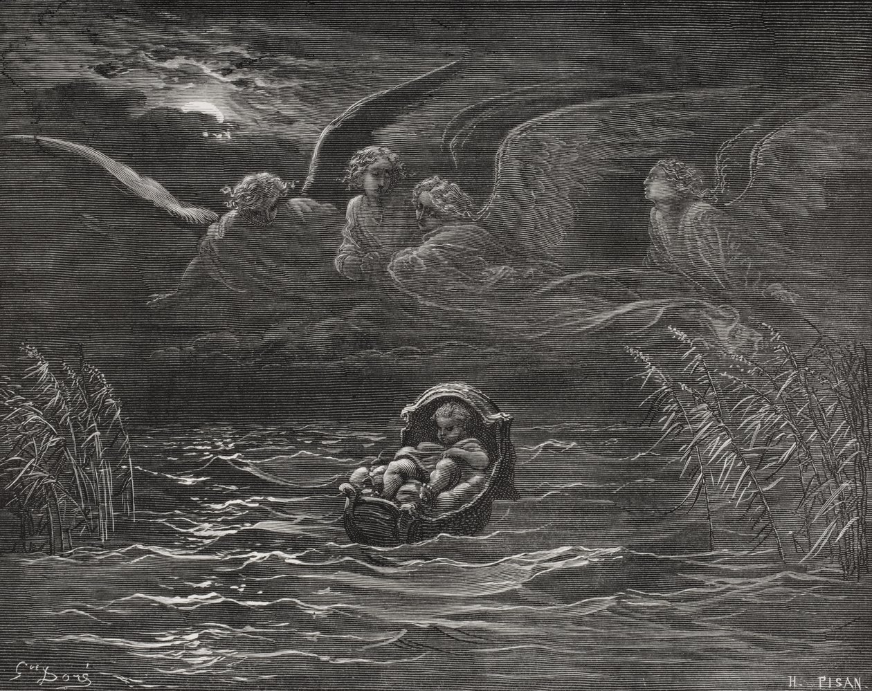 The Child Moses on the Nile, 2. Mosebog 2:1-4, illustration fra Dores 