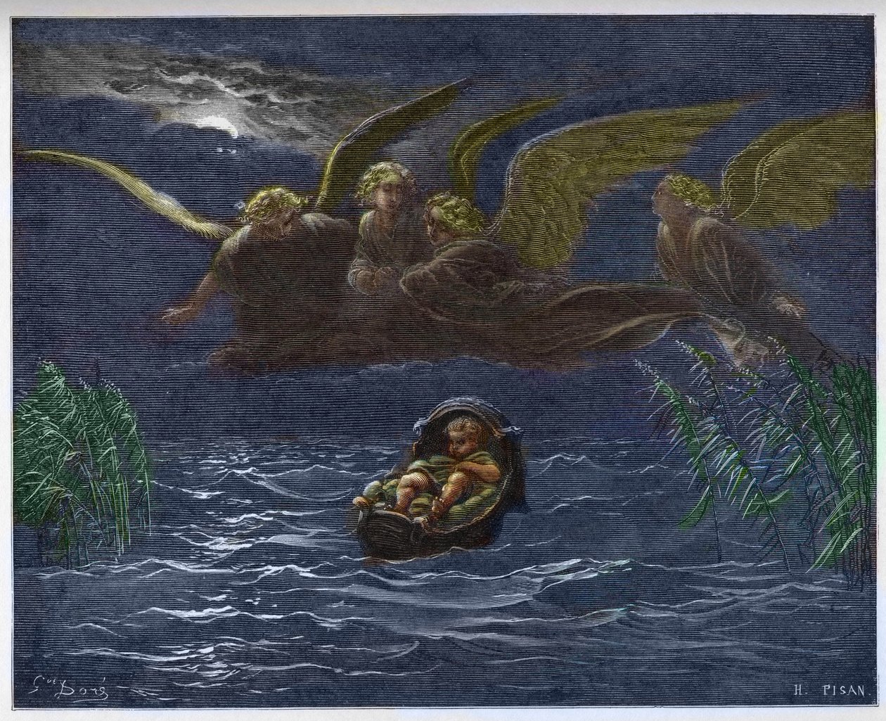 Barnet Moses på Nilen omgivet af skytsenglene - af Gustave Dore