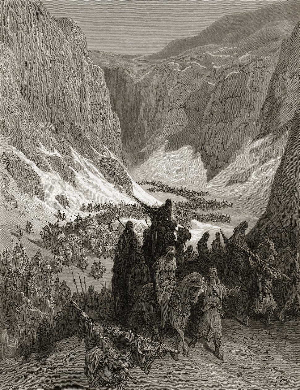 Den kristne hær i Judæas bjerge, illustration fra "Bibliotheque des Croisades" af J-F. Michaud, 1877 (litografi) af Gustave Dore