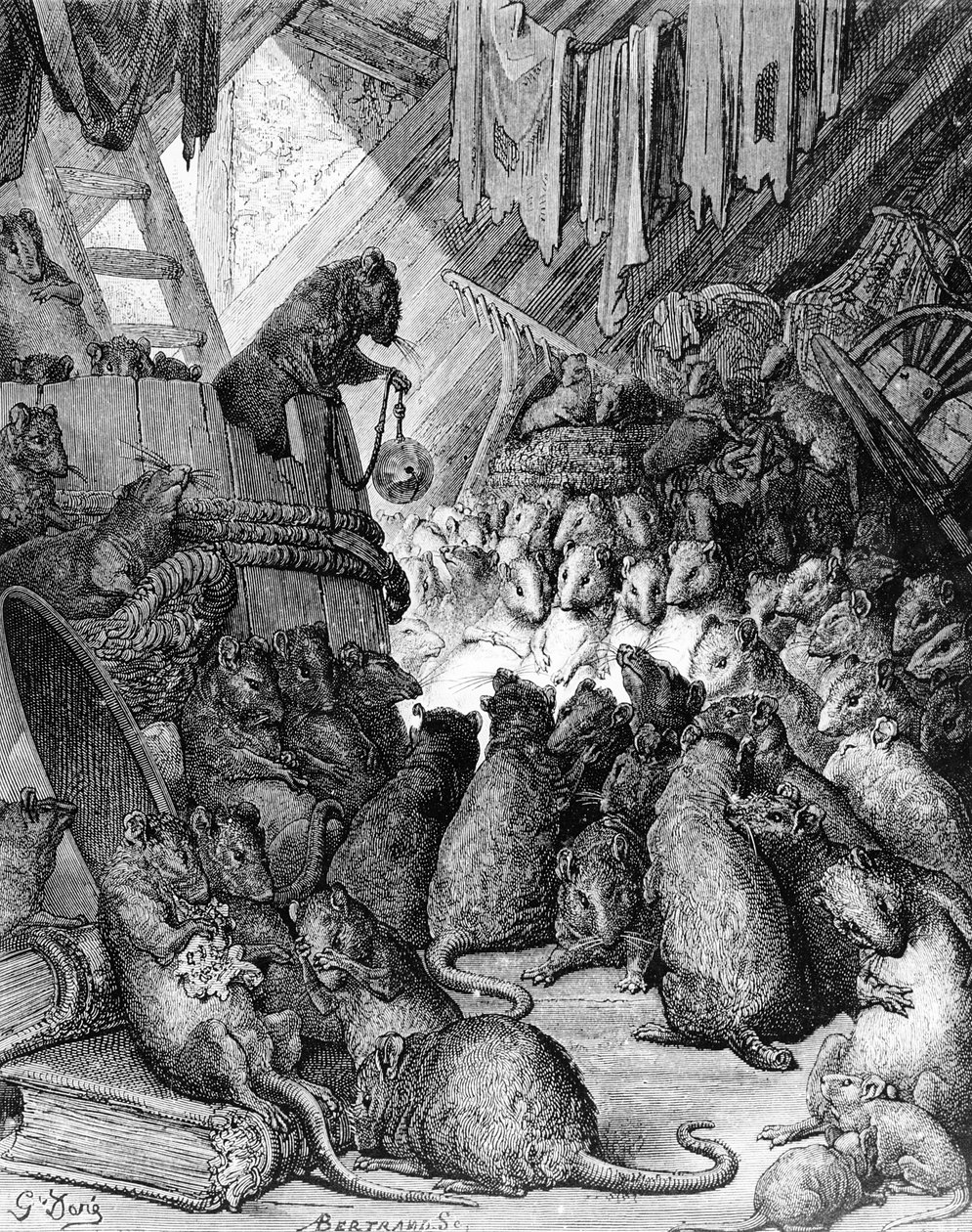 Rådet holdt af rotterne, fra fabler fra La Fontaine, indgraveret af Antoine Valerie Bertrand (f.1823) c.1868 af Gustave Dore