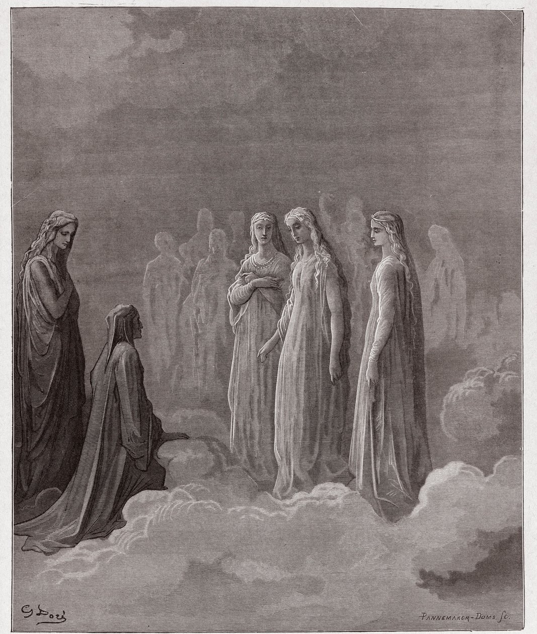 Den guddommelige komedie (La Divina Comedia, La Divine Comedie), Paradiso, Canto 3: Det første rige: Piccarda Donati og de sjæle, hvis løfter var blevet brudt - af Dante Alighieri (1265-1321) - Illustration af Gustave Dore (1832-1883) ) af Gustave Dore