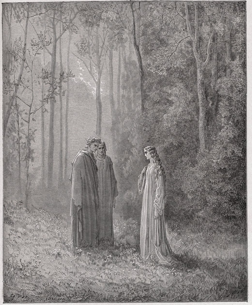 Den guddommelige komedie (La Divina Comedia, La Divine Comedie), Purgatorio, Canto 5: Dante taler med Pia de Tolomei (Tolommei) - af Dante Alighieri (1265-1321) - Illustration af Gustave Dore (1832-1883) af Gustave Dore