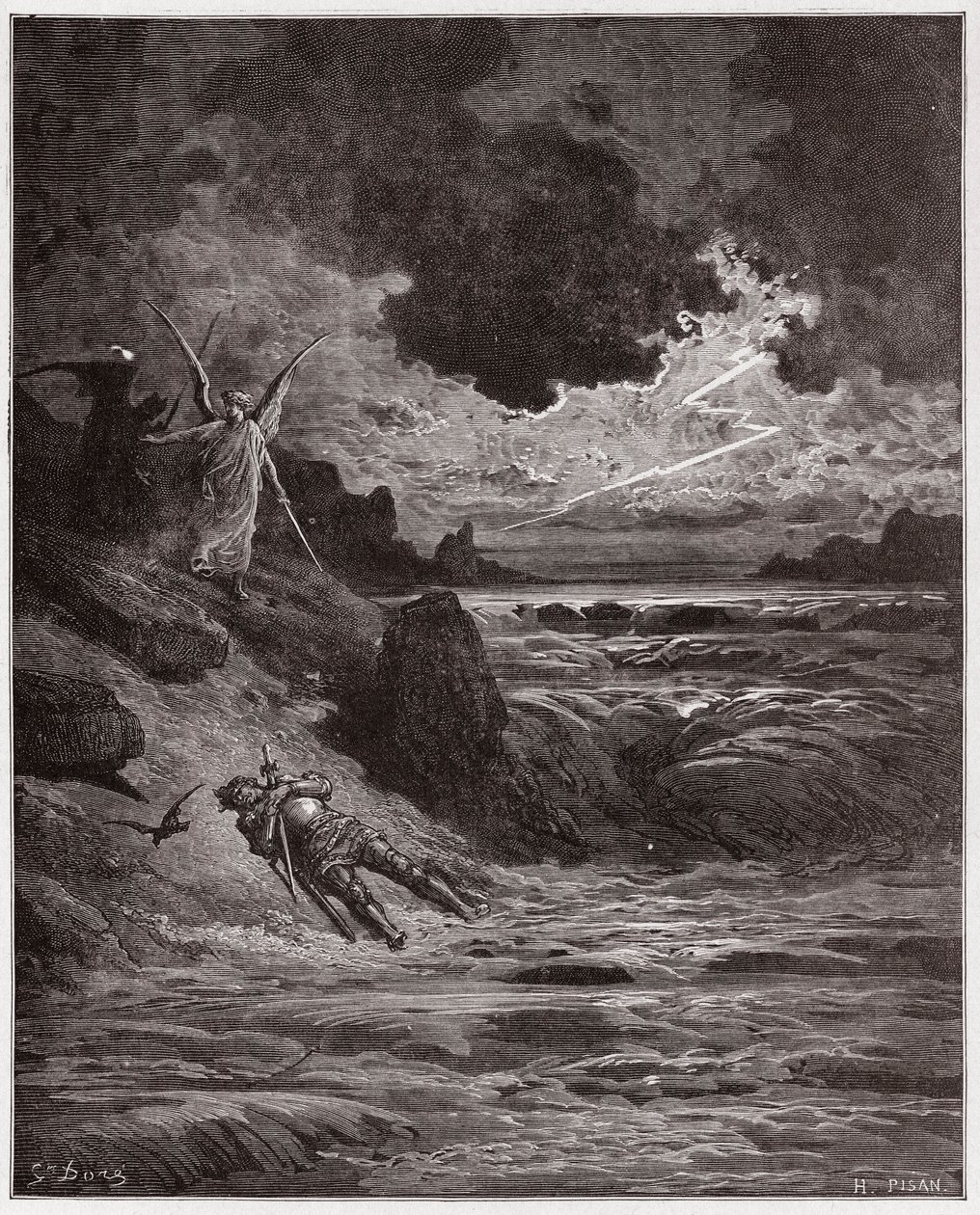 Den guddommelige komedie (La Divina Comedia, La Divine Comedie), Purgatorio, Canto 5: Liget af Buonconte da Montefeltro i Arno - af Dante Alighieri (1265-1321) - Illustration af Gustave Dore (1832-1883) af Gustave Dore