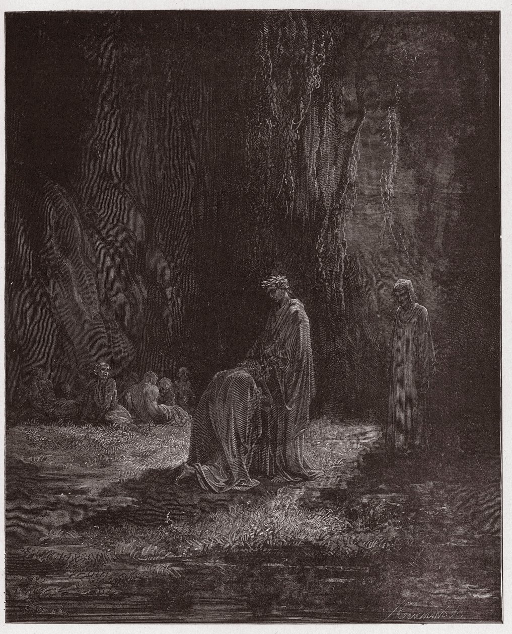 Den guddommelige komedie (La Divina Comedia, La Divine Comedie), Purgatorio, Canto 7: Digteren Sordello, forbløffet, knæler foran Vergil - af Dante Alighieri (1265-1321) - Illustration af Gustave Dore (1832-1883) af Gustave Dore