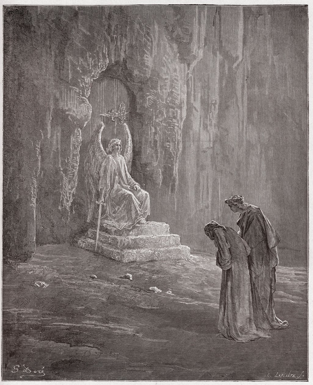Den guddommelige komedie (La Divina Comedia, La Divine Comedie), Purgatorio, Canto 9: Dante og Virgil ved skærsildens portaler - af Dante Alighieri (1265-1321) - Illustration af Gustave Dore (1832-1883) af Gustave Dore