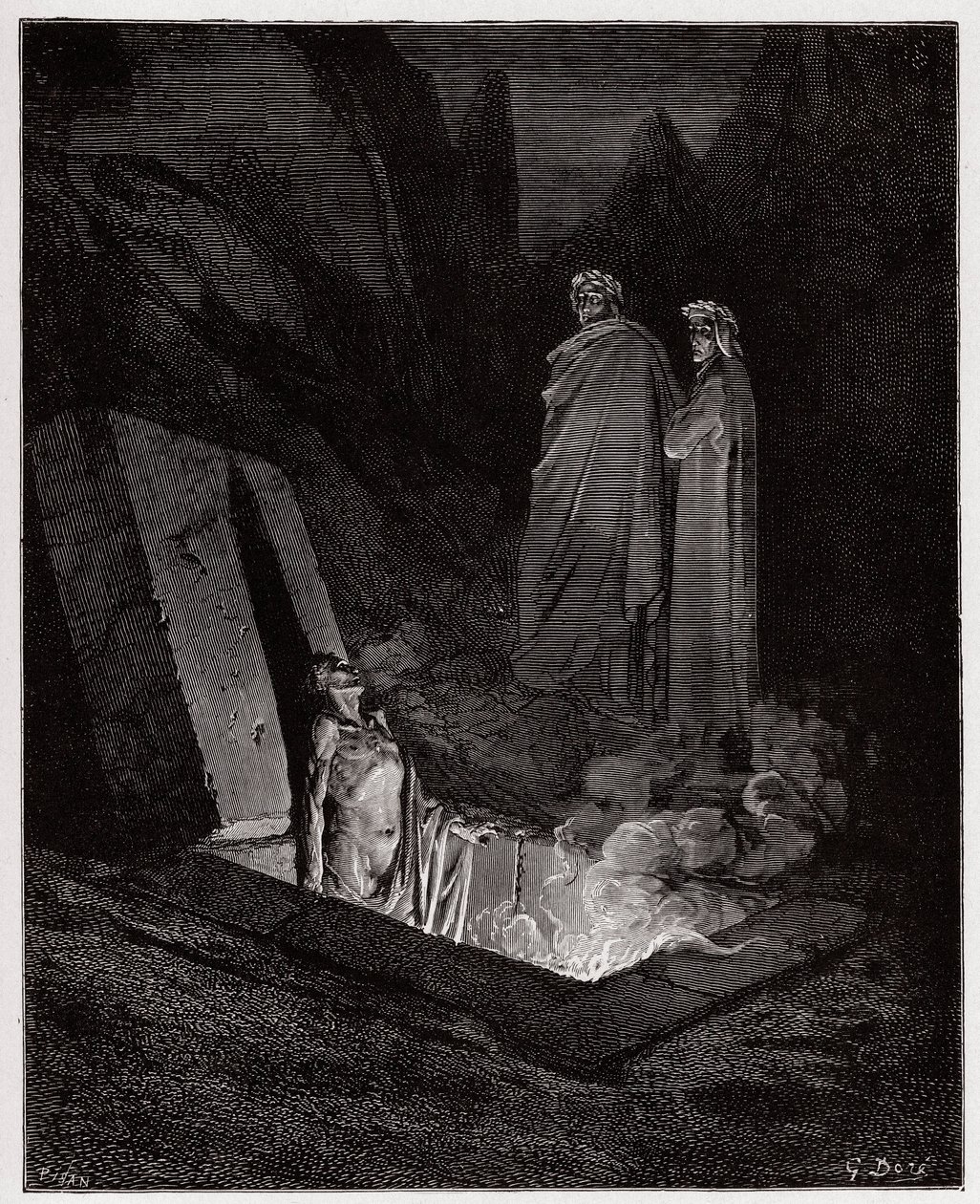 Den guddommelige komedie (La Divina Commedia, La Divine Comedie), Inferno, Canto 10: Farinata degli Uberti henvender sig til Dante - af Dante Alighieri (1265-1321) - Illustration af Gustave Dore (1832-1883) af Gustave Dore