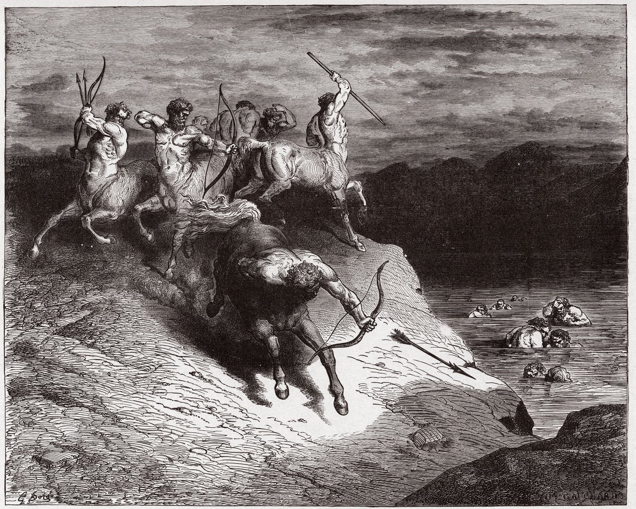 Den guddommelige komedie (La Divina Commedia, La Divine Comedie), Inferno, Canto 12: Kentaurerne angriber sjælene i kogende blod - af Dante Alighieri (1265-1321) - Illustration af Gustave Dore (1832-1883) af Gustave Dore